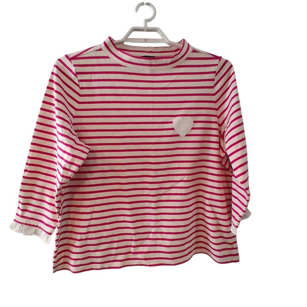 Talbots top womens size 2X Petite pink striped eyelet trim heart cotton